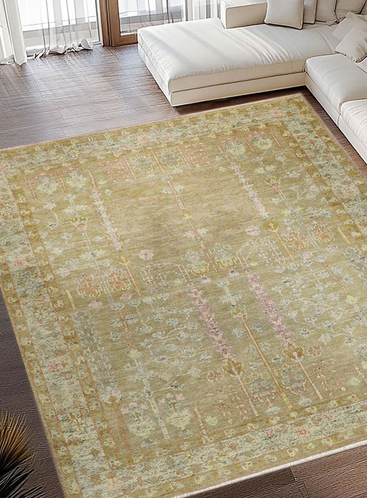 Tree of Life Distressed Beige Hand-Knotted Wool Rug