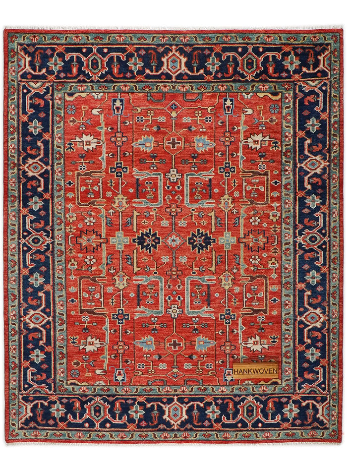 Folk Cherry-Red Persian Inspired Hand-Knotted Rug