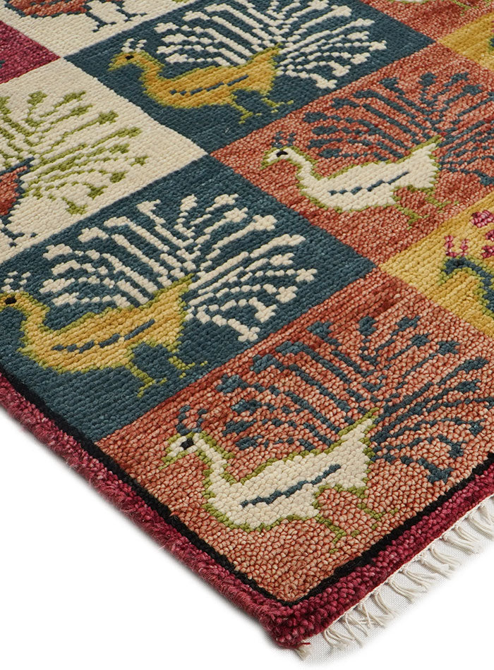 Animal Kingdom Peacock Grid Hand-Knotted Wool Rug