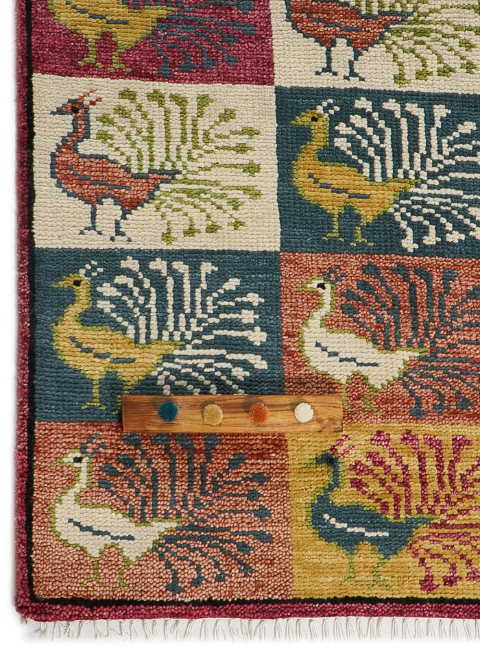 Animal Kingdom Peacock Grid Hand-Knotted Wool Rug