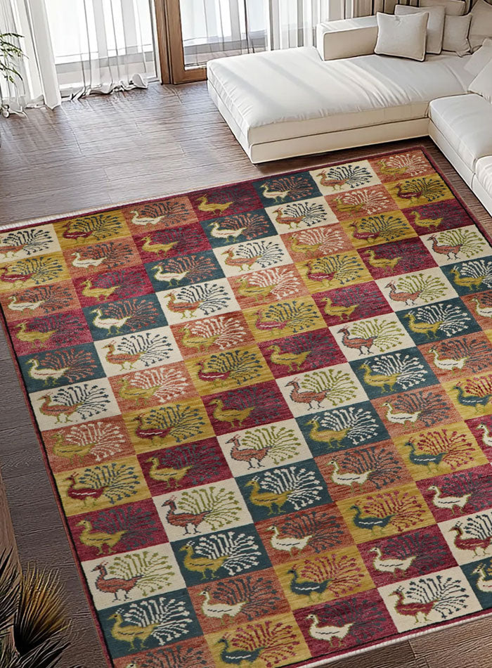 Animal Kingdom Peacock Grid Hand-Knotted Wool Rug
