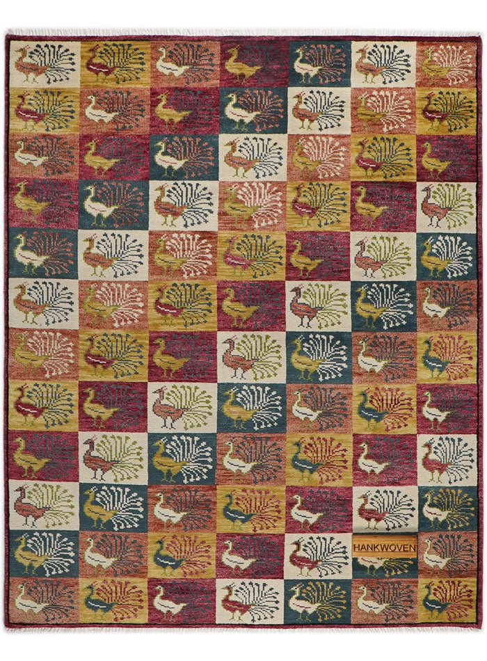 Animal Kingdom Peacock Grid Hand-Knotted Wool Rug
