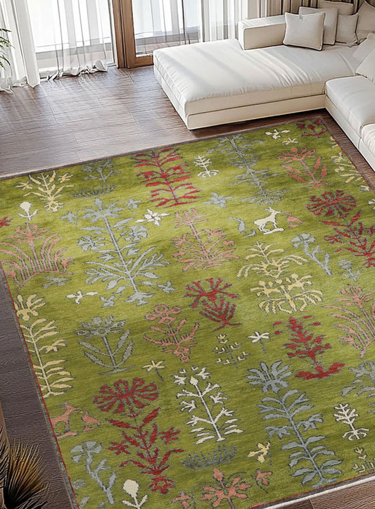 Lone Bloom Moss Garden Hand-Knotted Wool Rug