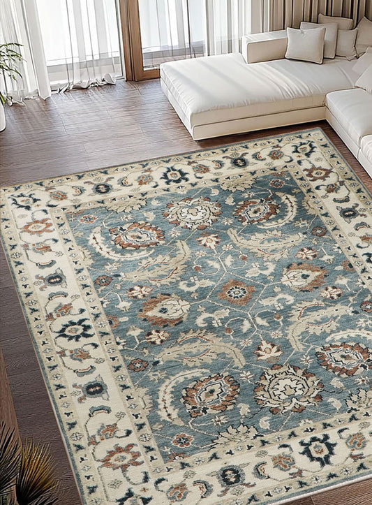 Lone Bloom Deep Teal Hand-Knotted Wool Rug