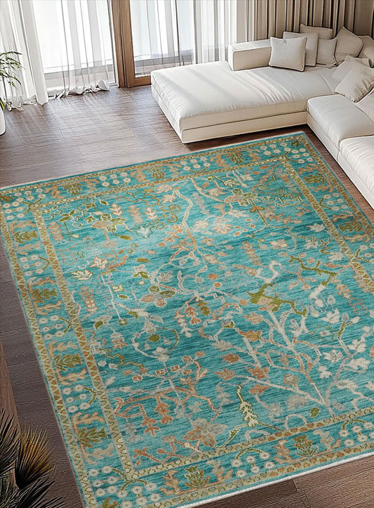 Overgrown Distressed Sea-Blue Hand-Knotted Wool Rug