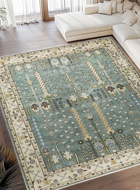 Tree of Life Aqua Hand-Knotted Wool Rug