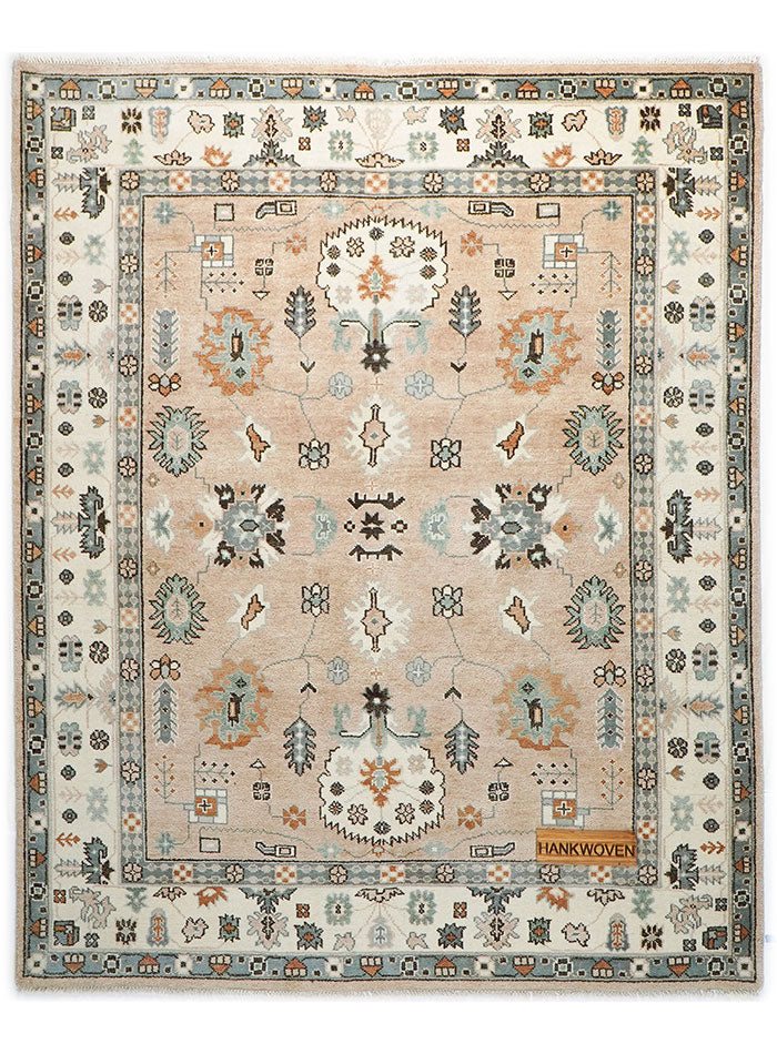 Oushak Hand-Knotted Wool Rug One-of-a-Kind - Soft Peach 8 x 10 ft