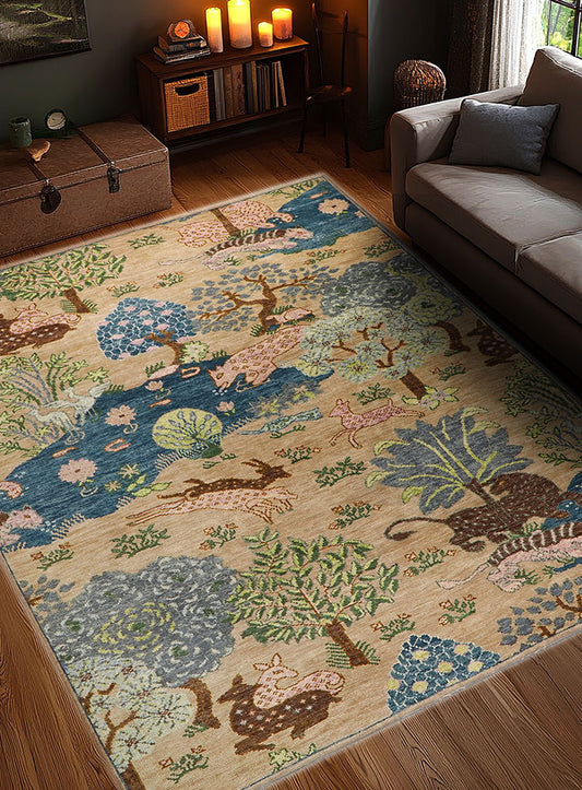 Animal Kingdom Woodland Scene Hand-Knotted Wool Rug