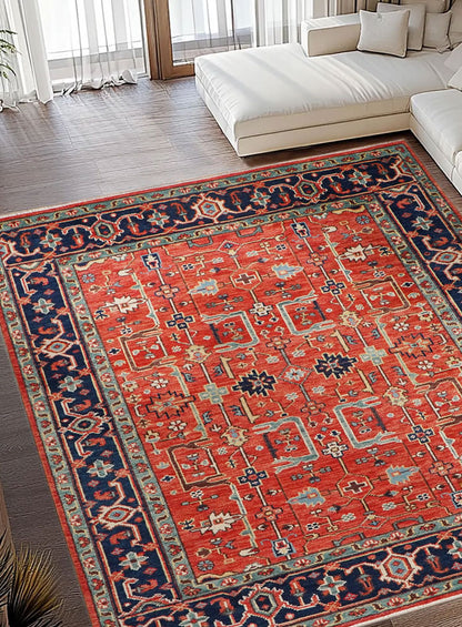 Folk Cherry-Red Persian Inspired Hand-Knotted Rug