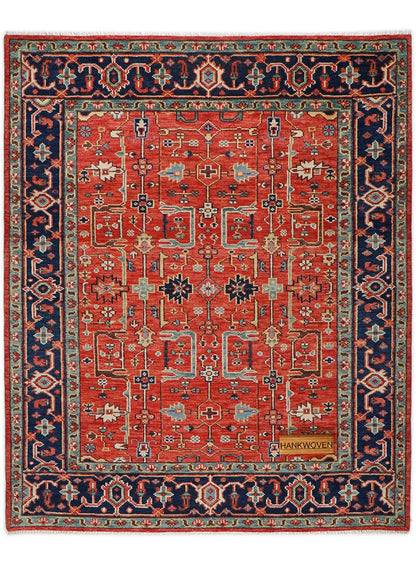 Folk Cherry-Red Persian Inspired Hand-Knotted Rug