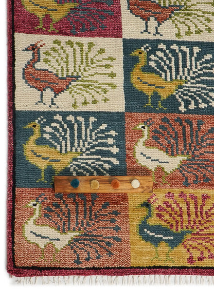 Animal Kingdom Peacock Grid Hand-Knotted Wool Rug