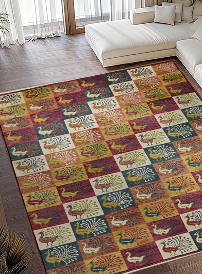 Animal Kingdom Peacock Grid Hand-Knotted Wool Rug