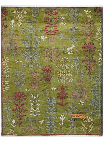 Lone Bloom Moss Garden Hand-Knotted Wool Rug
