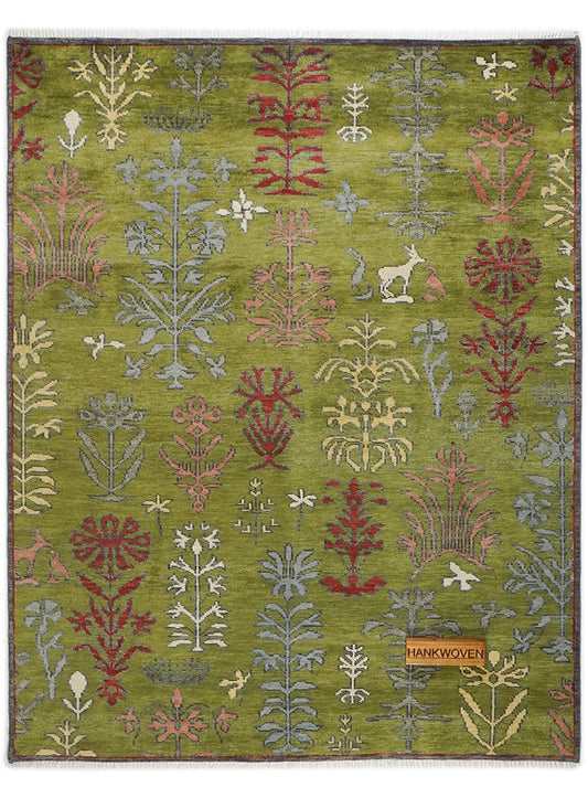 Lone Bloom Moss Garden Hand-Knotted Wool Rug