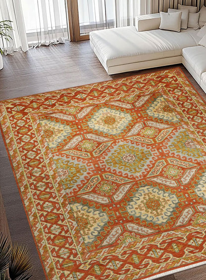 Grid Red on Red Hand-Knotted Wool Rug