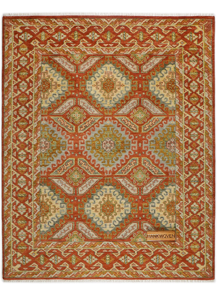 Grid Red on Red Hand-Knotted Wool Rug