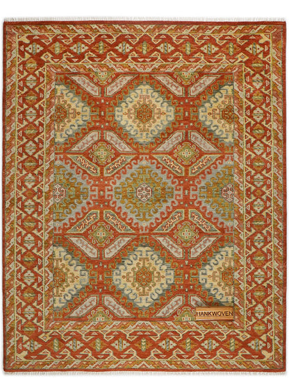Grid Red on Red Hand-Knotted Wool Rug