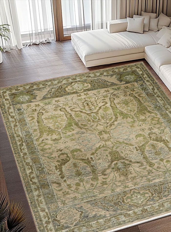 Meravine Earthy Green Hand-Knotted Wool Rug