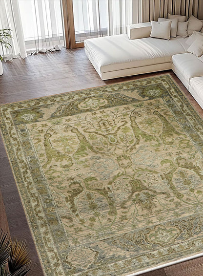 Meravine Earthy Green Hand-Knotted Wool Rug