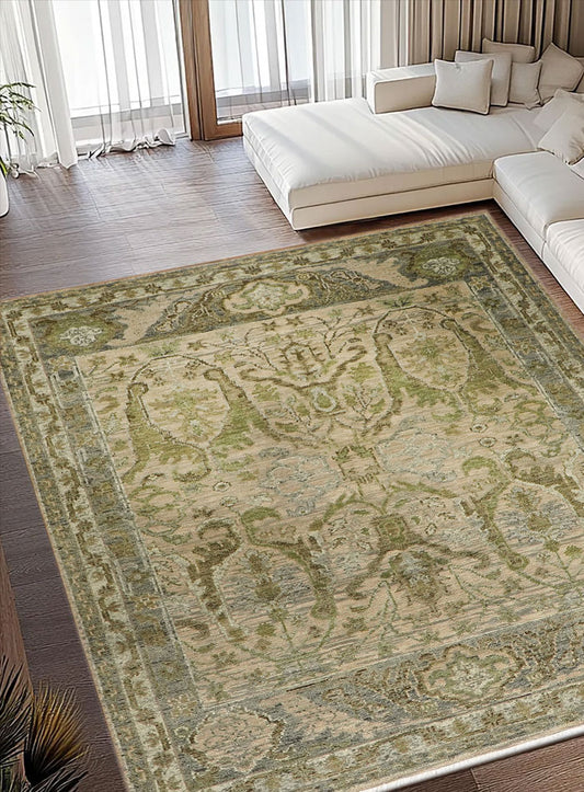 Meravine Earthy Green Hand-Knotted Wool Rug