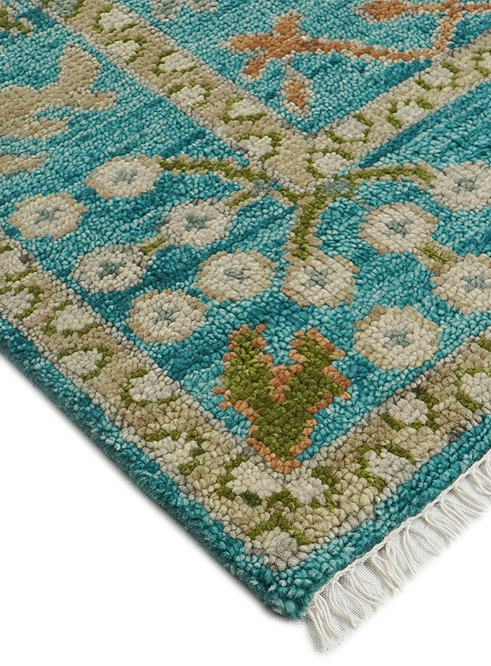 Overgrown Distressed Sea-Blue Hand-Knotted Wool Rug
