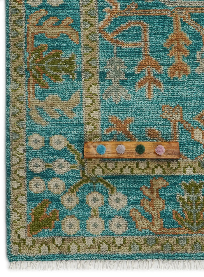 Overgrown Distressed Sea-Blue Hand-Knotted Wool Rug