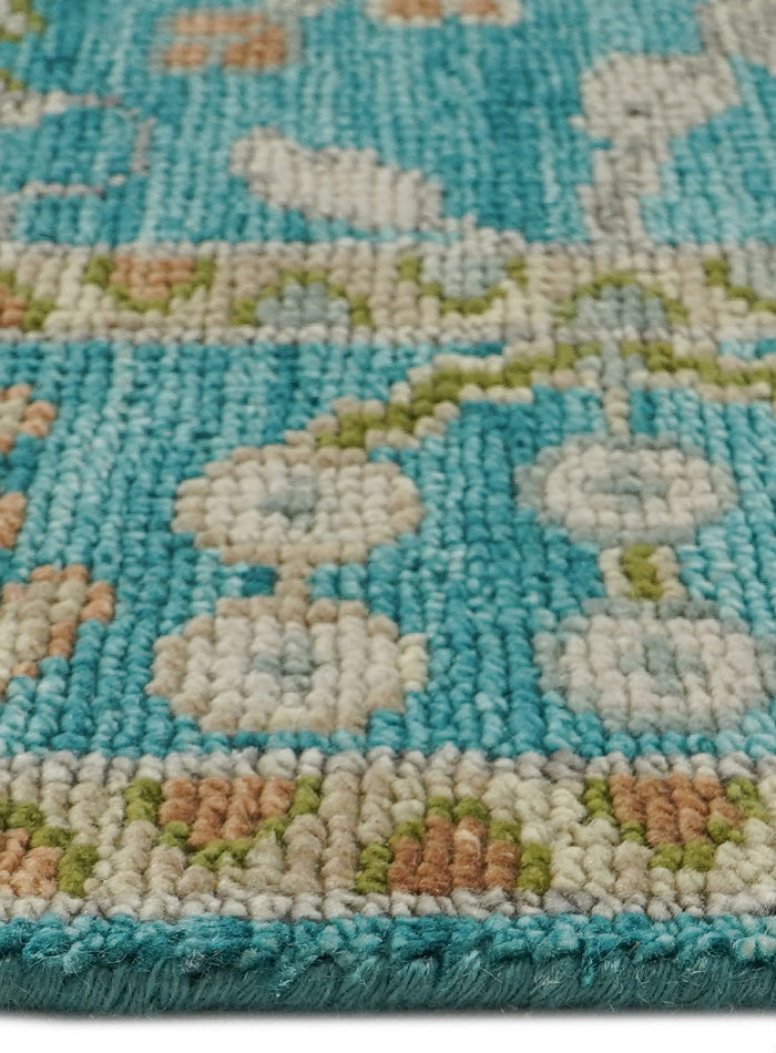 Overgrown Distressed Sea-Blue Hand-Knotted Wool Rug