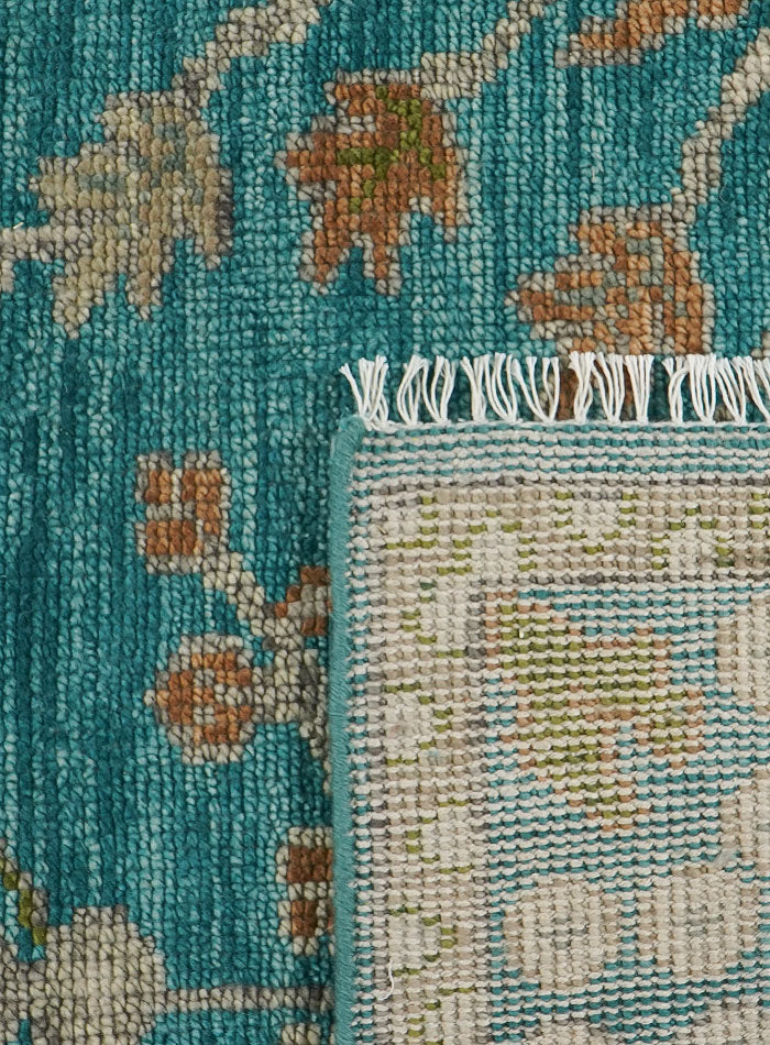 Overgrown Distressed Sea-Blue Hand-Knotted Wool Rug