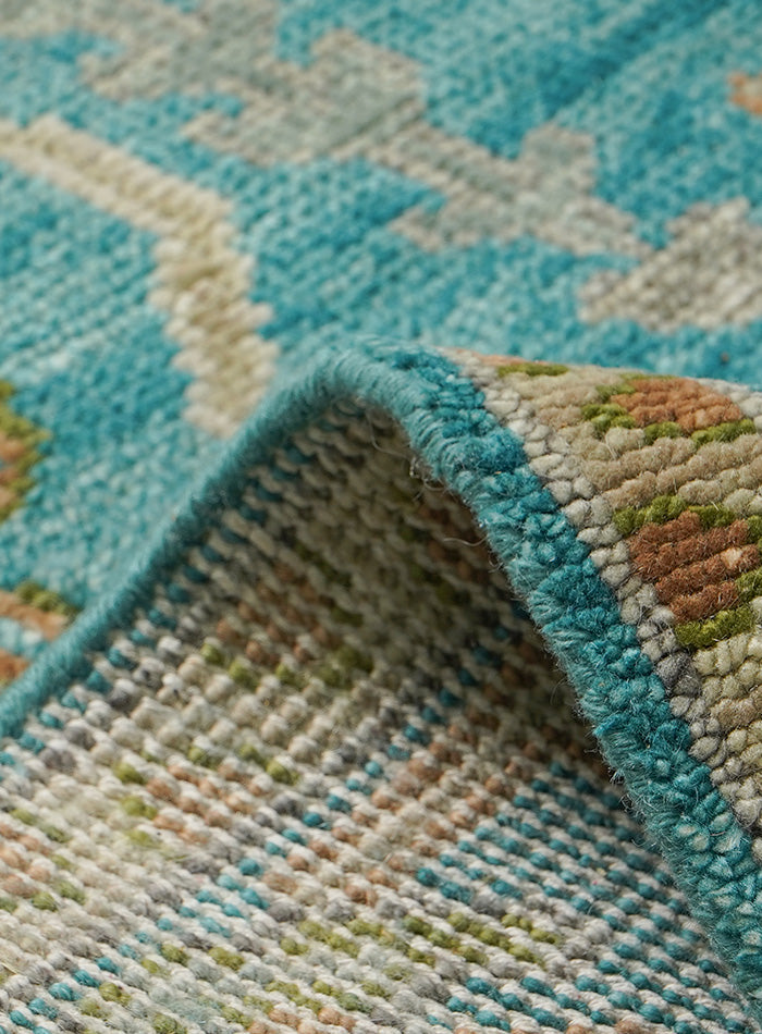 Overgrown Distressed Sea-Blue Hand-Knotted Wool Rug