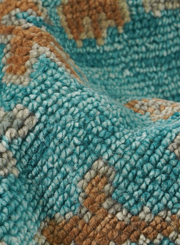 Overgrown Distressed Sea-Blue Hand-Knotted Wool Rug