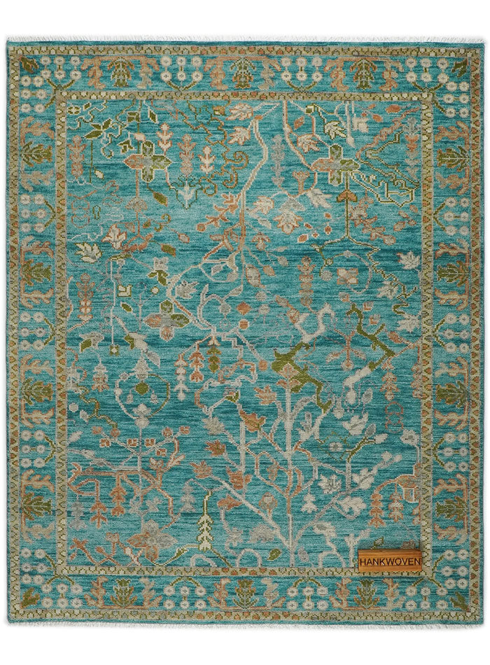 Overgrown Distressed Sea-Blue Hand-Knotted Wool Rug