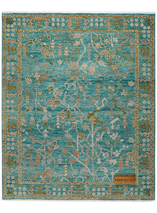 Overgrown Distressed Sea-Blue Hand-Knotted Wool Rug