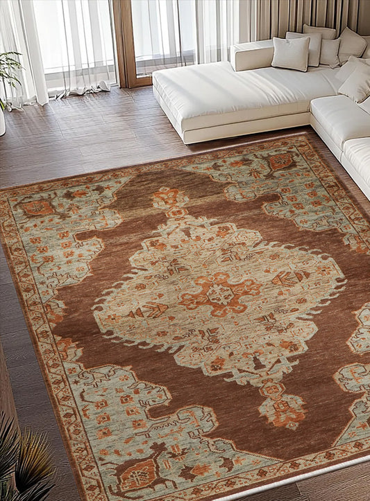 Lone Bloom Kerman Coffee Hand-Knotted Wool Rug