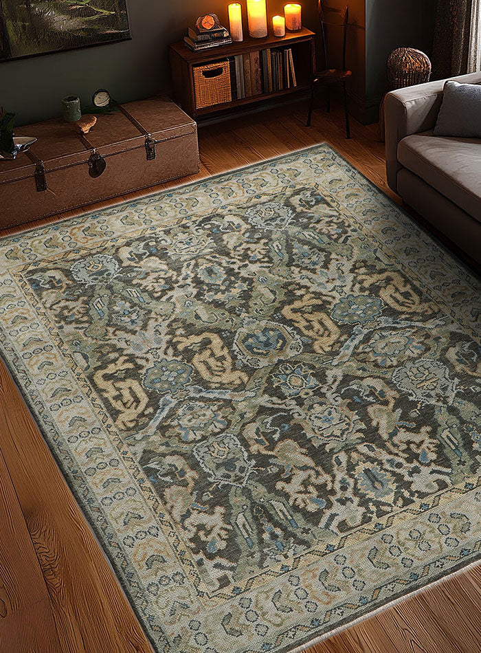 Lone Bloom Slate Gray Oushak Hand-Knotted Wool Rug