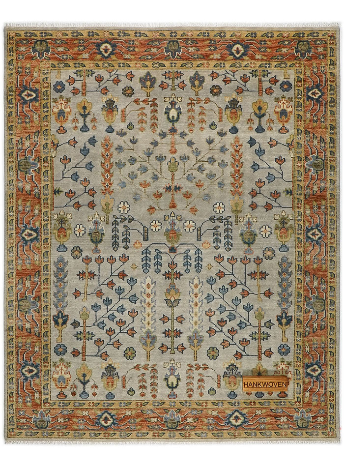 Tree of Life Gray/Rust Hand-Knotted Wool Rug