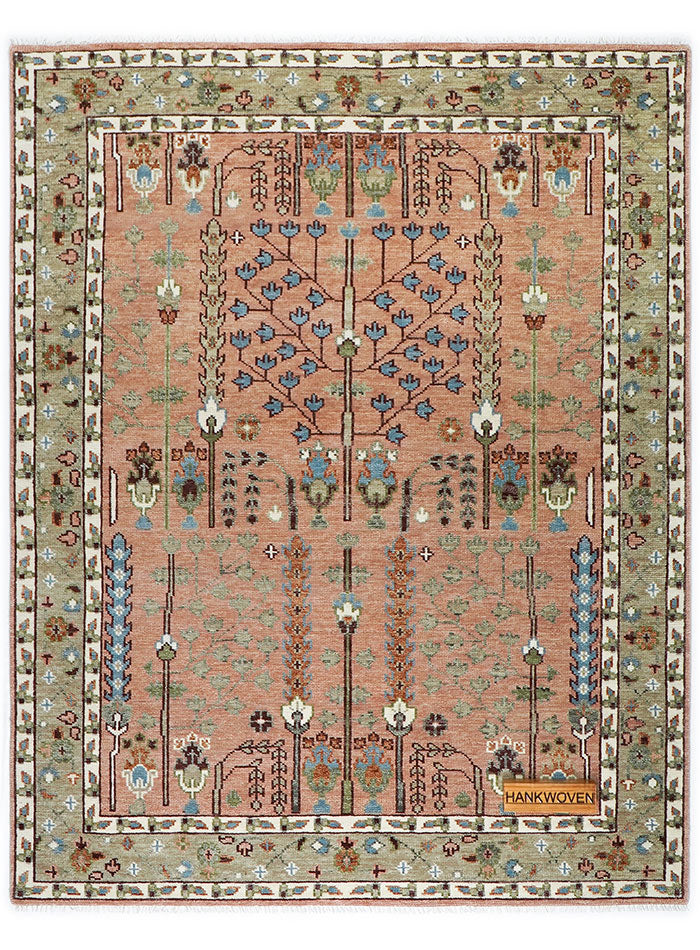 Tree of Life Pink Hand-Knotted Wool Rug