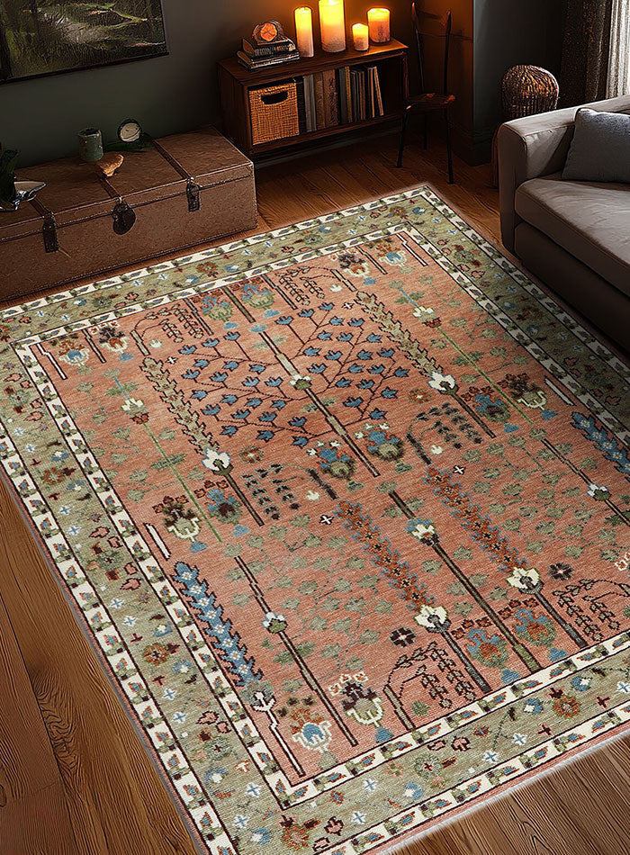 Tree of Life Pink Hand-Knotted Wool Rug