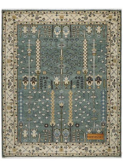 Tree of Life Aqua Hand-Knotted Wool Rug