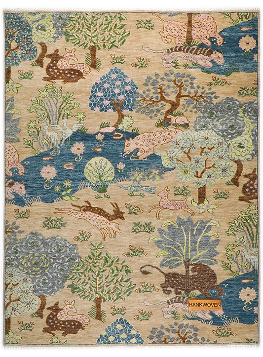 Animal Kingdom Woodland Scene Hand-Knotted Wool Rug