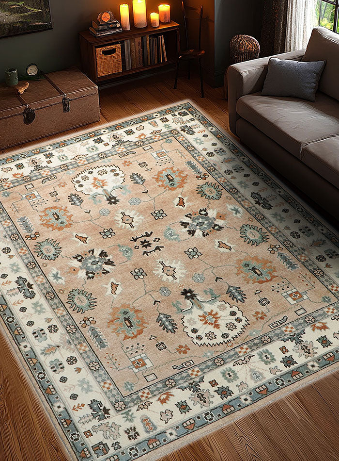 Oushak Hand-Knotted Wool Rug One-of-a-Kind - Soft Peach 8 x 10 ft