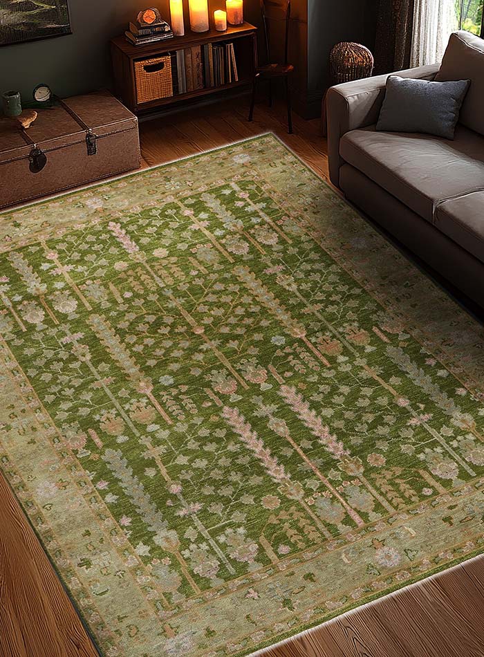 Tree of Life Moss Green Hand-Knotted Wool Rug